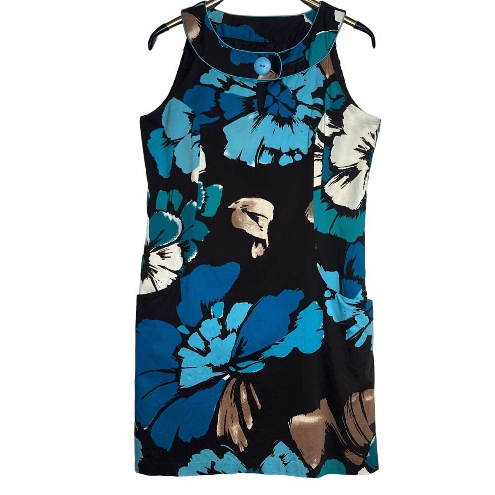 Jax Shift Dress Size 14 Blue Black Floral Sleeveless Pockets Silk Lined